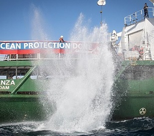 The environmental group says bottom trawling, in which heavy weighted nets are dragged over the seabed to catch fish, is ploughing up the sensitive seabed habitat for which the area is protected. Pictured, boulder dropped from Esperanza on Tuesday. Credit - https://www.dailymail.co.uk/