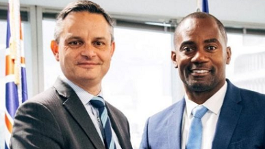 Minister of Maritime Affairs and the Blue Economy Kirk Humphrey, greets New Zealand’s Minister for Climate Change James Shaw during his recent visit to Barbados