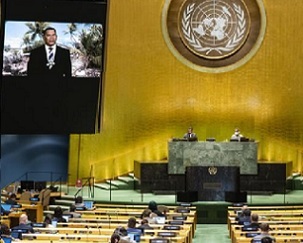 Kausea Natano, Prime Minister, Tuvalu, addresses the General Assembly 75th session: General Debate Photo: UN Media
