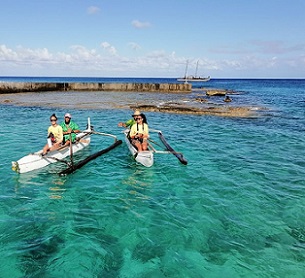 Terena Koteka-Wiki and Konini Rongo arriving in Mitiaro on the paiere, traditional fishing boats. Credit - Te Ipukarea Society