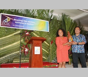 In 2020, Ann Singeo receiving the 2nd Tommy E. Remengesau Jr. Environmental Award during PICRC’s 19th Anniversary-Dinner Gala, with Maderngebuked- Tommy E. Remengesau Jr. Credit - www.islandtimes.org