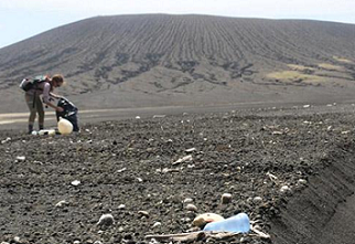 Monitoring marine debris on Hunga Tonga Hunga-Ha'apai. October 2019. Photo: Cameron Gallant & Katherine H. Webber Blog.