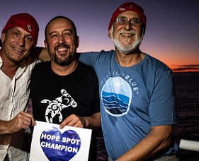 he Cocos-Galapagos Swimway was nominated as a Hope Spot by Turtle Island Restoration Network Executive Director Todd Steiner (right), pictured on a Cocos Island research expedition with Dr. Alex Hearn, founder of MigraMar (center) and Joakim Odelberg.