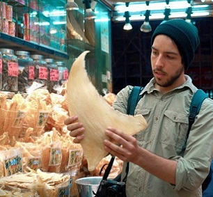 Ali Tabrizi, director of Seaspiracy, observing a shark fin. Credit - Lucy Tabrizi