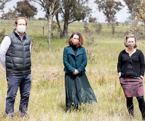 ACT Conservator Flora and Fauna Ian Walker, and ACT Environment Minister Rebecca Vassarotti with Helen Oakey from Conservation Council ACT Region. Photo: Kerrie Brewer.