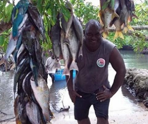 Authorised offier, Mr. John Laket, with some of the fishes landed on Chiefs day. Credit - Glenda Wille, https://dailypost.vu/