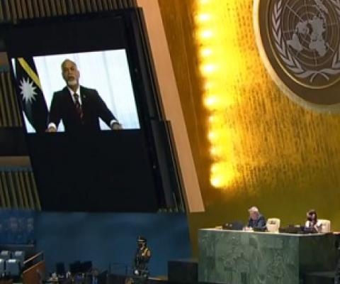 Nauru's President Lionel Aingimea addresses the UN General Assembly by video link, 23 September, 2021. Credit - United Nations