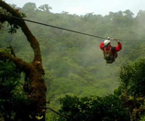  visitor zip-lines above the tree canopy in Costa Rica’s Monteverde National Park; the country is among those where ecotourism initiatives have been adversely impacted by the pandemic. (iStock)