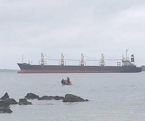 Bulk carrier MV Quebec at anchor in Graciosa Bay in Temotu, Solomon Islands. Photograph: National Disaster Management Office/The Guardian