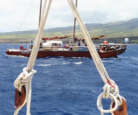 Training sail through the Pailolo Channel. File photo (May 2021) courtesy: Polynesian Voyaging Society.
