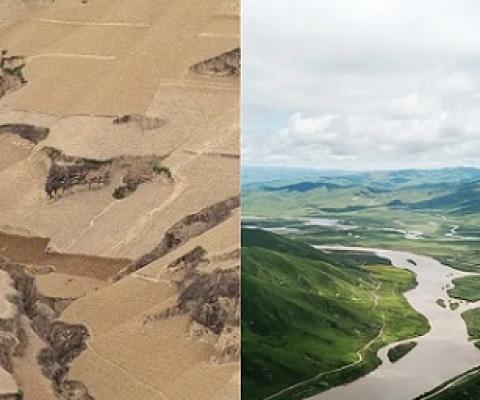 he Loess plateau, in China, in 2007, left, and transformed into green valleys and productive farmland in 2019. Composite: Rex/Shutterstock/Xinhua/Alamy