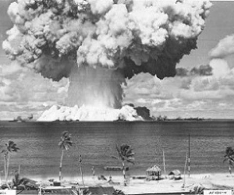 The "Baker" underwater nuclear weapons test at Bikini Atoll in 1946. Dozens of World War II vessels were used as targets for this weapons test, and now lie on the atoll's lagoon floor. Photo: US Navy. Photo: Supplied/ Giff Johnson