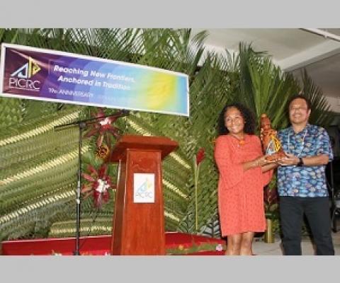 In 2020, Ann Singeo receiving the 2nd Tommy E. Remengesau Jr. Environmental Award during PICRC’s 19th Anniversary-Dinner Gala, with Maderngebuked- Tommy E. Remengesau Jr. Credit - www.islandtimes.org