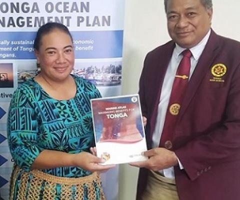 MEIDECC CEO Paula Ma'u, Director of Environment, Lupe Matoto, and Minister for Environment (MEIDECC) Hon Poasi Tei with the new Marine Atlas, Davina House, Ma'ufanga. 8 June 2021. Credit - www.matangitonga.to