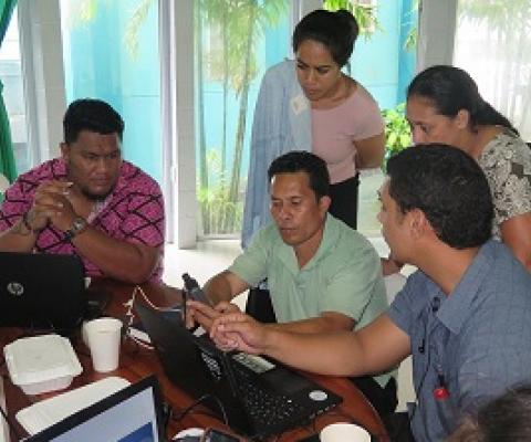 participants discussing input of field spatial data to QGIS software. Credit - V. Jungblut, SPREP