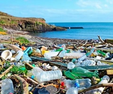 Plastic bottles and other garbage washed up on a beach in the county of Cork, Ireland. Photograph: Education Images/Getty Images