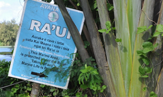 A neglected ra’ui sign by Muri Lagoon on Rarotonga. Image by Monica Evans for Mongabay.