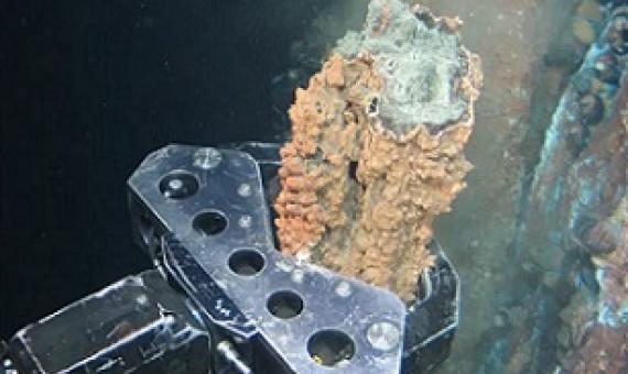a grabber breaks off a section of hydrothermal vent. Photograph: Nautilus minerals