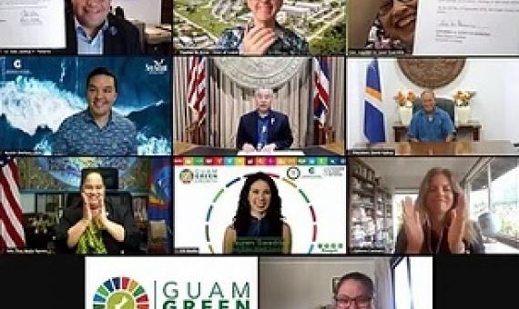 Top row, from left, Guam Lt. Gov. Joshua Tenorio, University of Guam President Dr. Thomas Krise, Guam Gov. Lou Leon Guerrero, UOG Center for Island Sustainability Director Dr. Austin Shelton, Hawaii Gov. David Ige, Marshall Islands President David Kabua, 35th Guam Legislature Speaker Tina Muña Barnes, G3 Coordinator Lauren Swaddell, Hawaii Green Growth Executive Director Celeste Connors, GLISPA Executive Director Kate Brown.