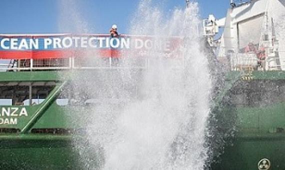 The environmental group says bottom trawling, in which heavy weighted nets are dragged over the seabed to catch fish, is ploughing up the sensitive seabed habitat for which the area is protected. Pictured, boulder dropped from Esperanza on Tuesday. Credit - https://www.dailymail.co.uk/