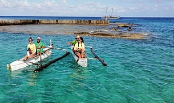 Terena Koteka-Wiki and Konini Rongo arriving in Mitiaro on the paiere, traditional fishing boats. Credit - Te Ipukarea Society