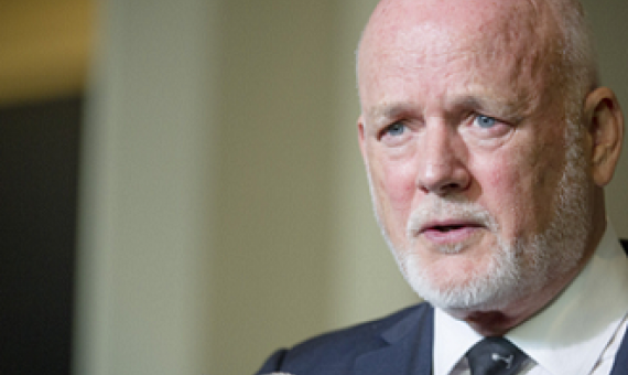 Peter Thomson, President of the seventy-first session of the General Assembly, speaks to journalists, following the opening meeting of the session. Photo credit: UN Photo/Rick Bajornas