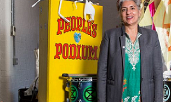 Environmental lawyer and activist Farhana Yamin at the London offices of the global movement Extinction Rebellion. Credit: Richard Saker/Guardian/eyevine