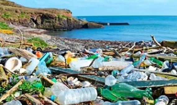 Plastic bottles and other garbage washed up on a beach in the county of Cork, Ireland. Photograph: Education Images/Getty Images